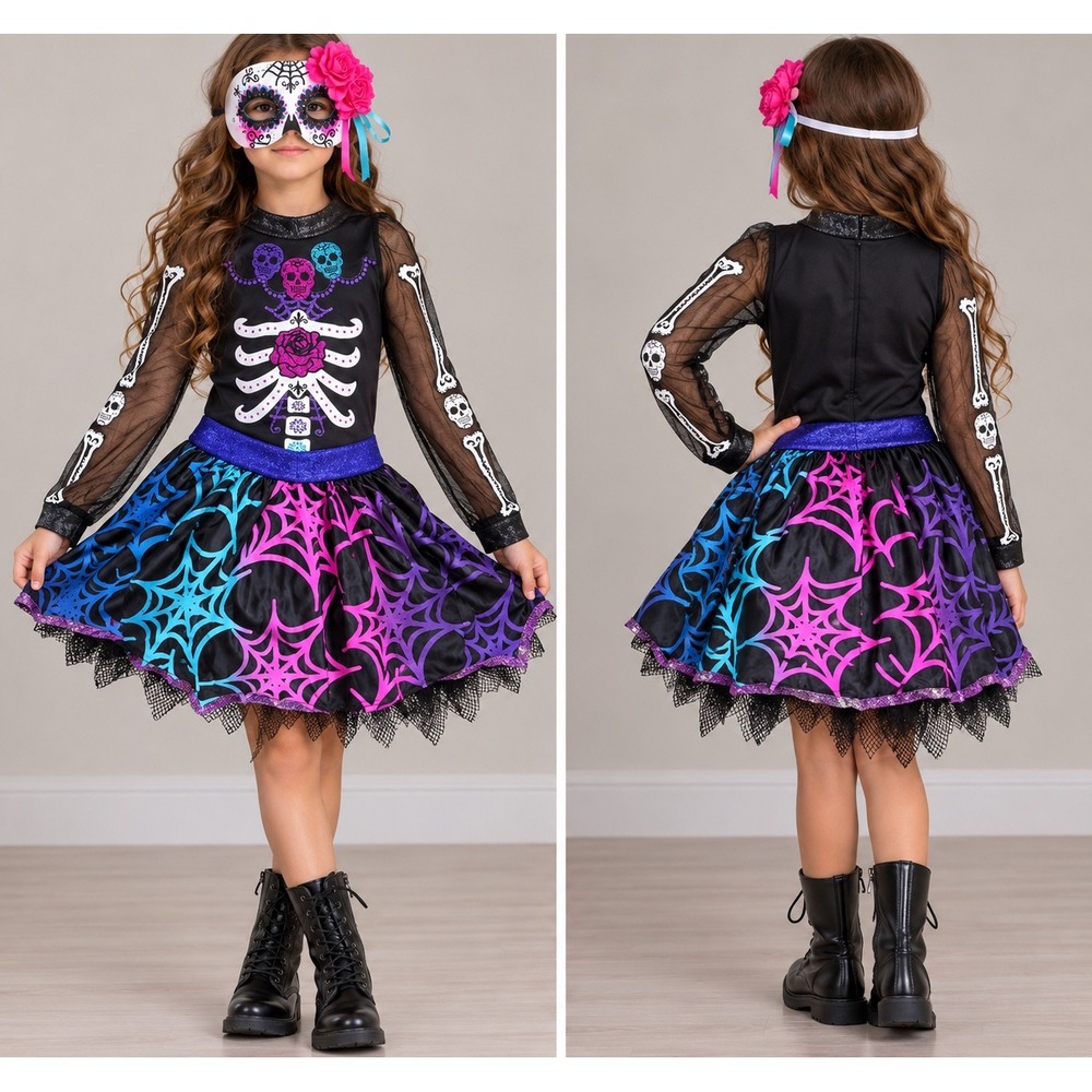 Girls Day of the Dead Skeleton Tutu Dress Costume with Mask Size 8-10 Black